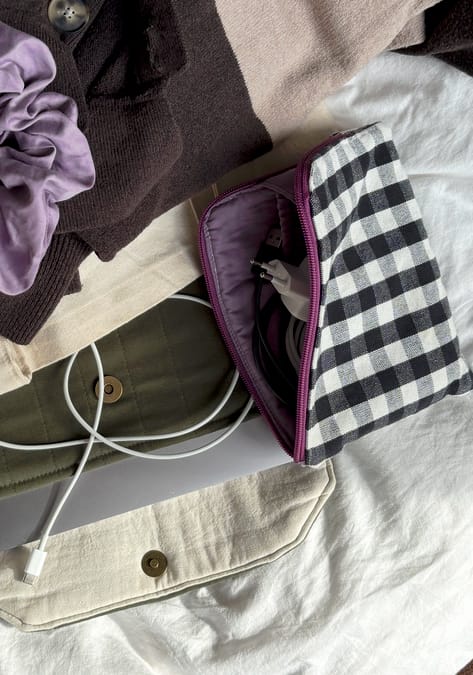 Handmade L-shaped cable organizer pouch laying flat