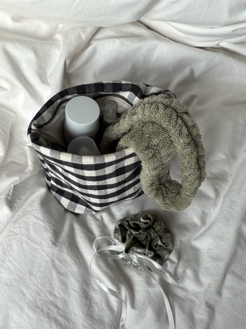 Handmade spa headband in makeup pouch