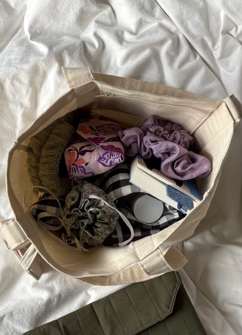 Handmade canvas shopper tote bag filled and ready for use