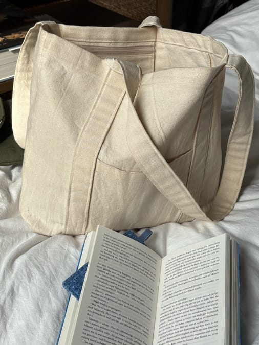 Handmade canvas shopper tote with book and bookmark