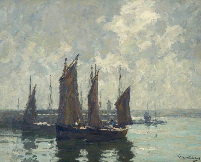 Painting of sailing boats in a harbor