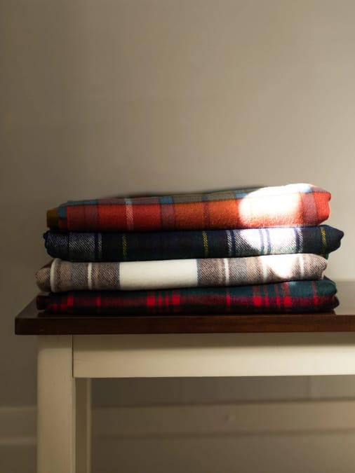 Stack of plaid woven blankets/fabrics